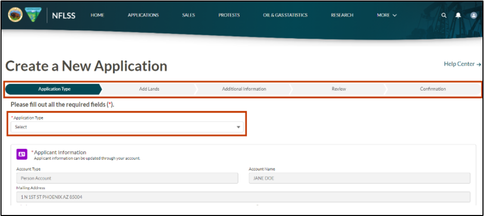 An image of the Create a New Application page.  The page includes a progress bar that highlights the current section.
