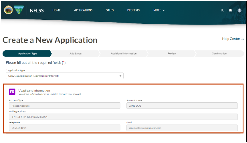 Image of the Applicant Information section where there are five fields: Account Type, Account Name, Mailing Address, Telephone, and Email. The image shows these fields defaulting based on the user's account information.