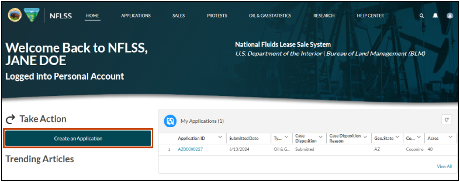 An image of the NFLSS Homepage once a user is logged in.  The image displays a user clicking on the Create an Application button under the Take Action section.