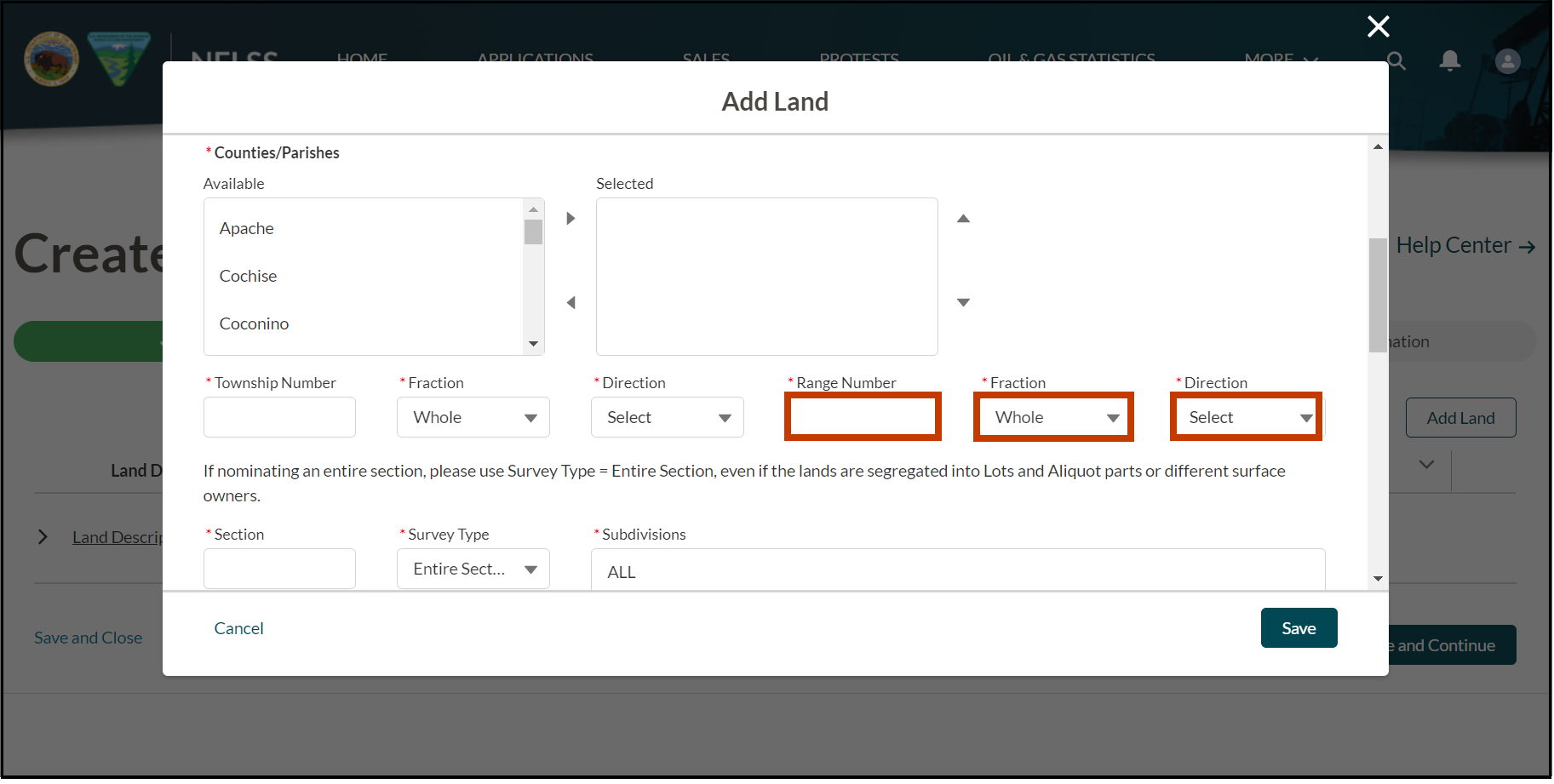 An image of the Add Land pop-up. The image shows the user entering the Range Number into the field and selecting the Fraction dropdown and the Direction dropdown.