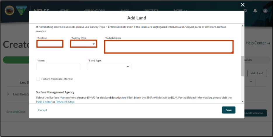 The image shows the user entering the Section Number into the Section field, selecting the Survey Type dropdown and entering the Subdivision land description into the Subdivisions field.