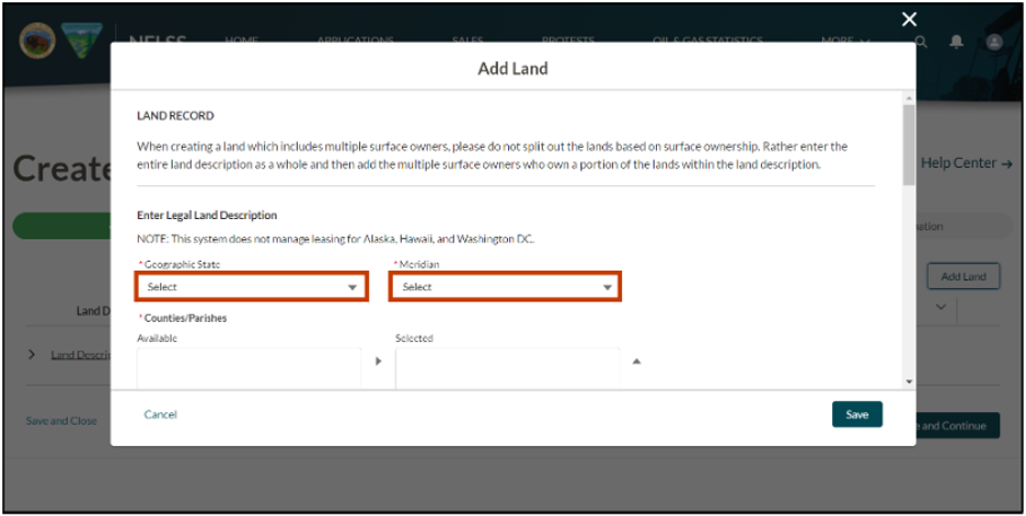 The image shows the user selecting the Geographic State dropdown and the Meridian dropdown from the Enter Legal Land Description section.