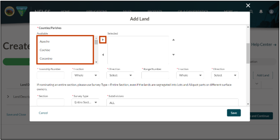 The image shows the user selecting the Counties/Parishes from the available list, and then clicking the arrow to move them to the Selected list.