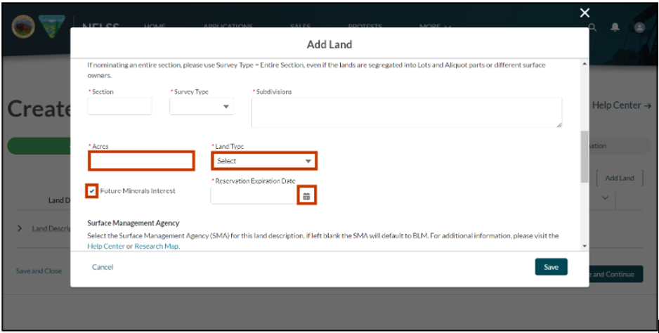 The image shows the user entering the Acres into the Acres field, selecting the Land Type dropdown, checking the Future Minerals Interest checkbox, and selecting the date in the Reservation Expiration Date field.