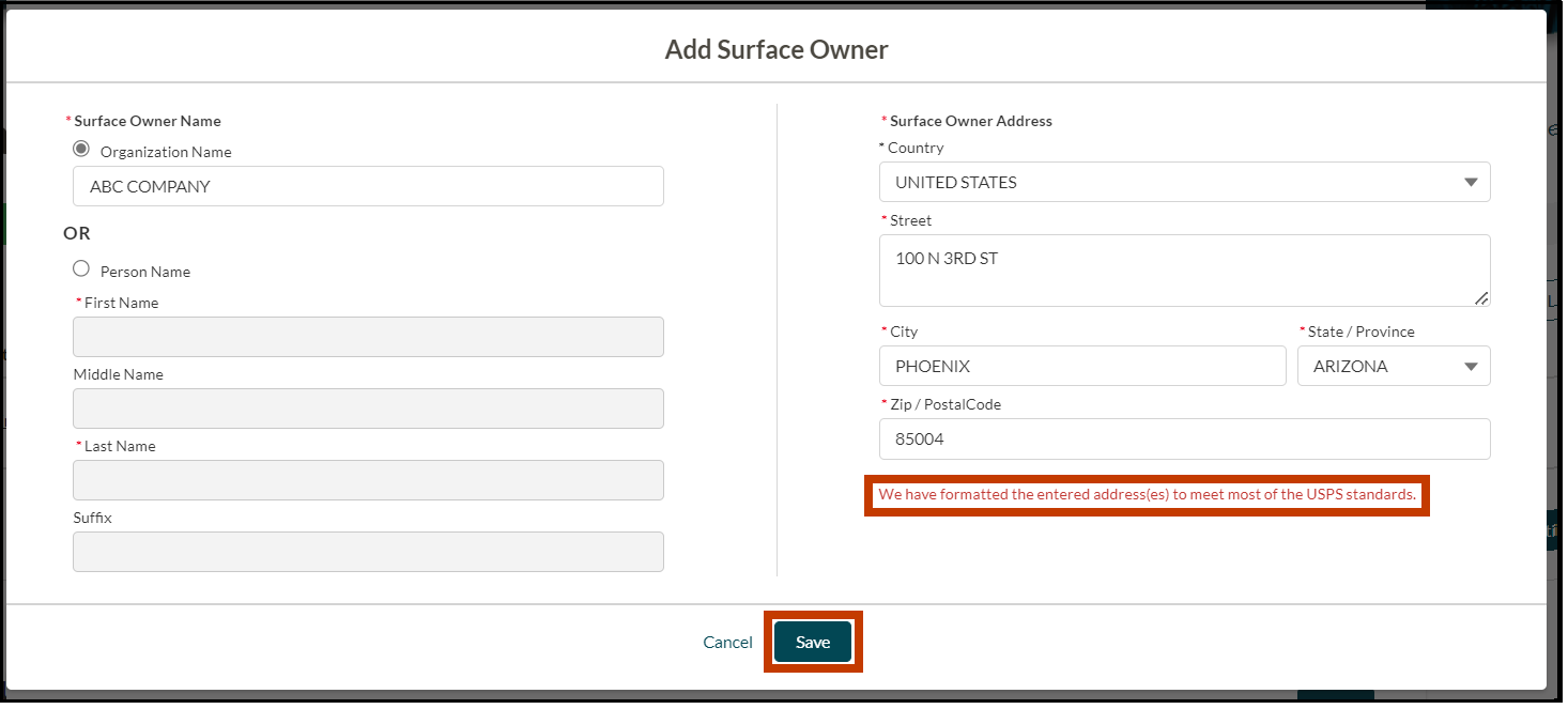 An image of the Add Surface Owner pop-up. The image shows the user selecting the Save button. An alert appears in red text that reads,