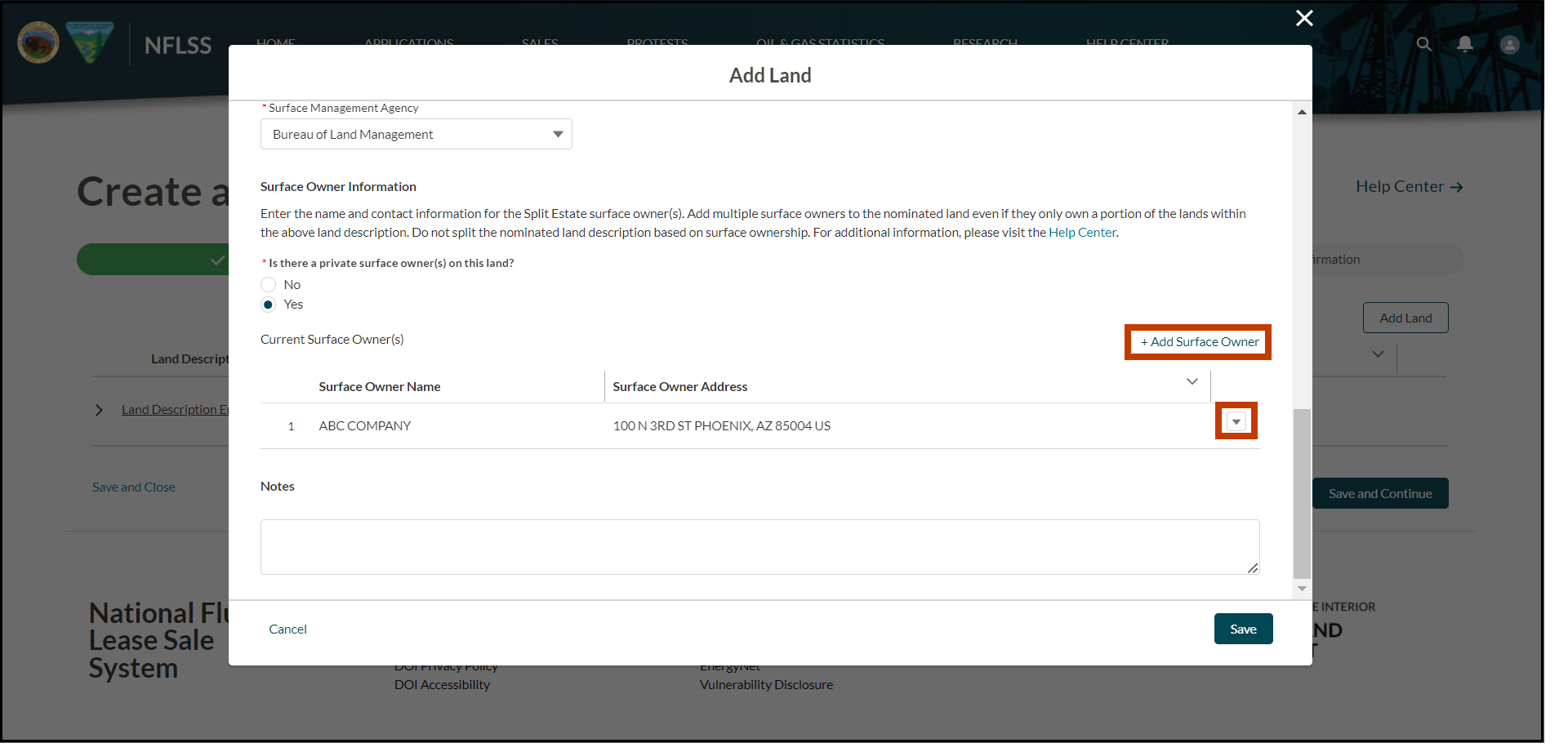 An image of the Add Land pop-up. The image shows the user selecting the + Add Surface Owner link and selecting the down arrow to edit the entered surface owner information.