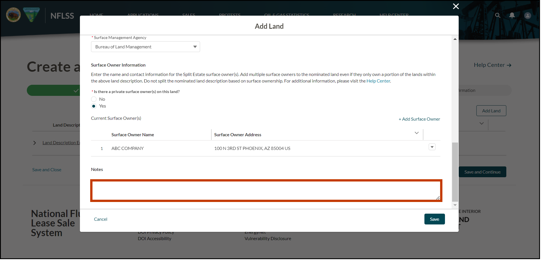 An image of the Add Surface Owner pop-up. The image shows the user entering notes into the Notes field.