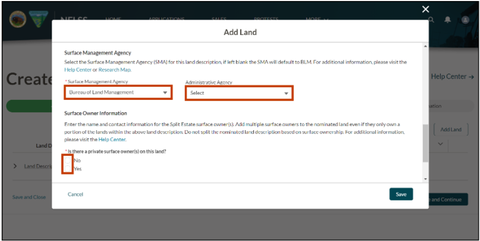 The image shows the Surface Management Agency section, and the Administrative Agency dropdown. The image also shows the Surface Owner Information section.