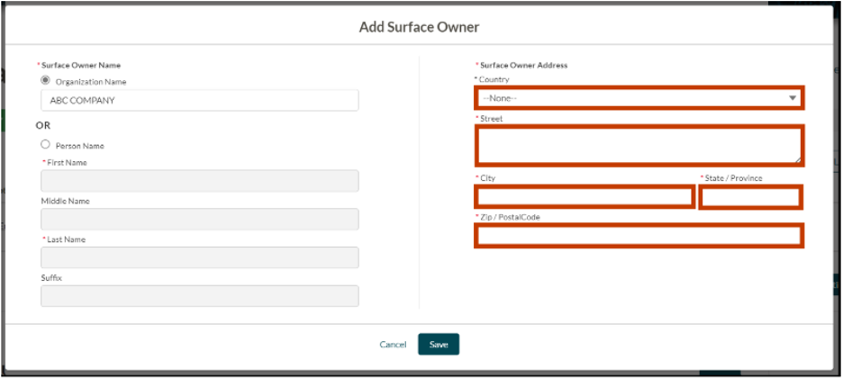 The image shows the user selecting the Country from the Country dropdown and typing the address in the Street, City, State/Province, Zip/Postal Code fields under the Surface Owner Address section.