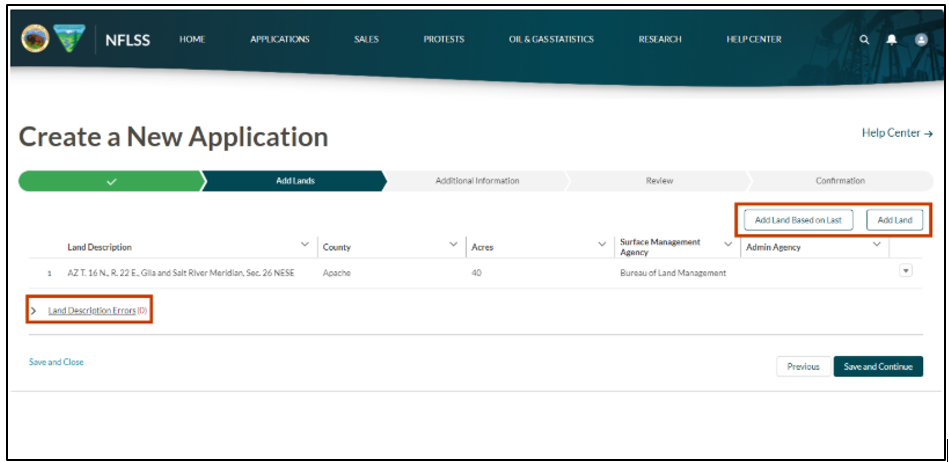 The image shows the user selecting the Add Lands Based on Last button and the Add Land button. The image also shows the Land Description Errors link that appears underneath the Land Description information.
