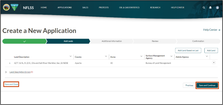 The image shows the user selecting the Save and Close button and the Save and Continue button.