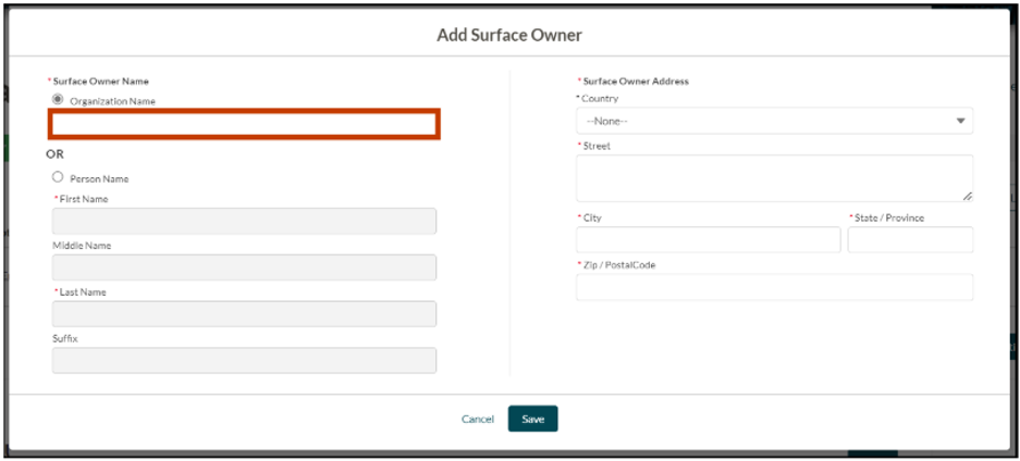 The image shows the user has selected the Organization Name radio button and is typing the organization name into the editable field.