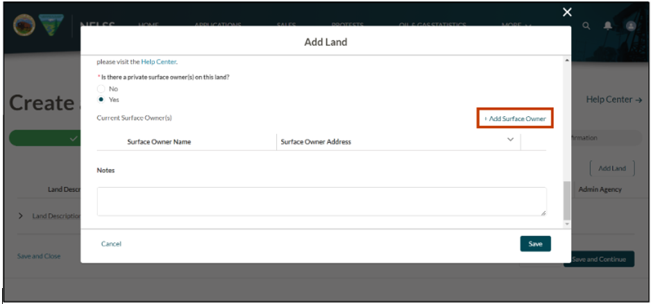 The image shows the user selecting the Organization Name radio button and the Person Name radio button under the Surface Owner Name section.