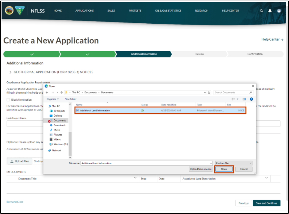 The image shows a user selecting a file and selecting the Open button.