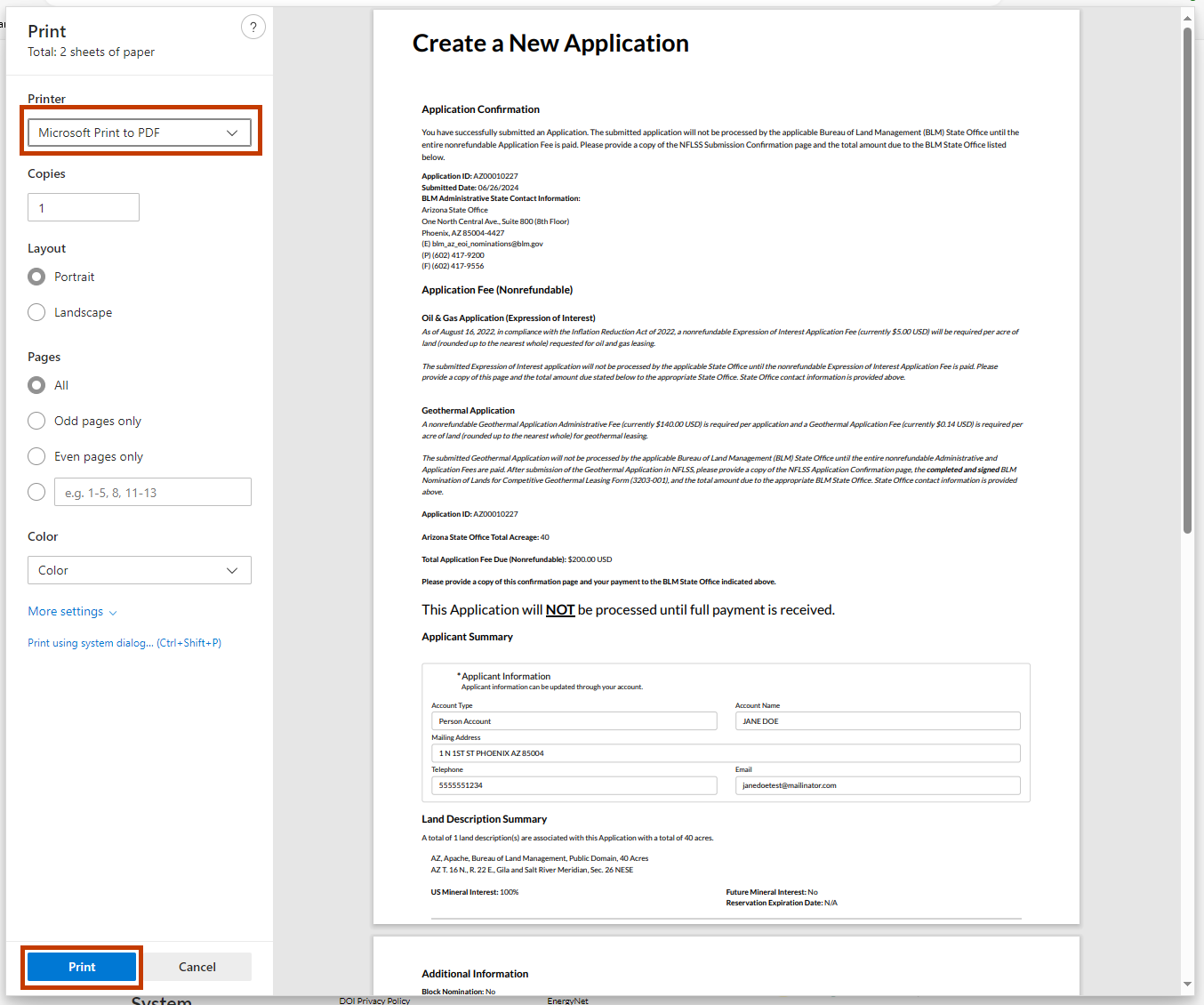 An image of the Print pop-up. The image shows the user selecting a printer from the dropdown and then selecting the Print button.
