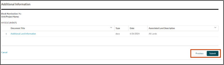 The image shows the user selecting the Previous and Submit buttons.